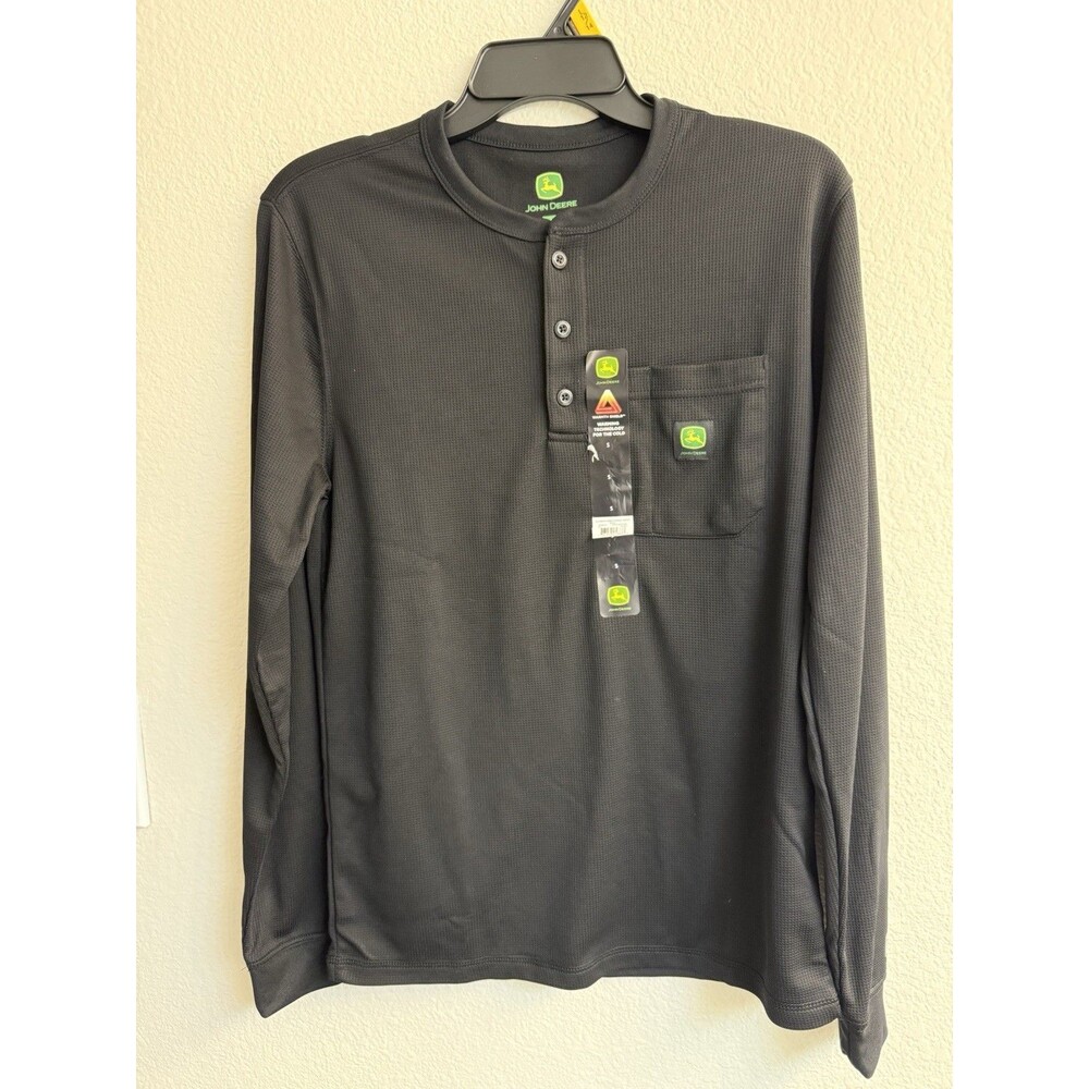 John Deere Mens S Black Thin Thermal Henley Shirt Lightweight Fleece Layer
